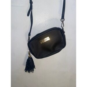 Victoria's Secret Black Saffiano Crossbody Bag Tassel Gold Hardware Pink Lining